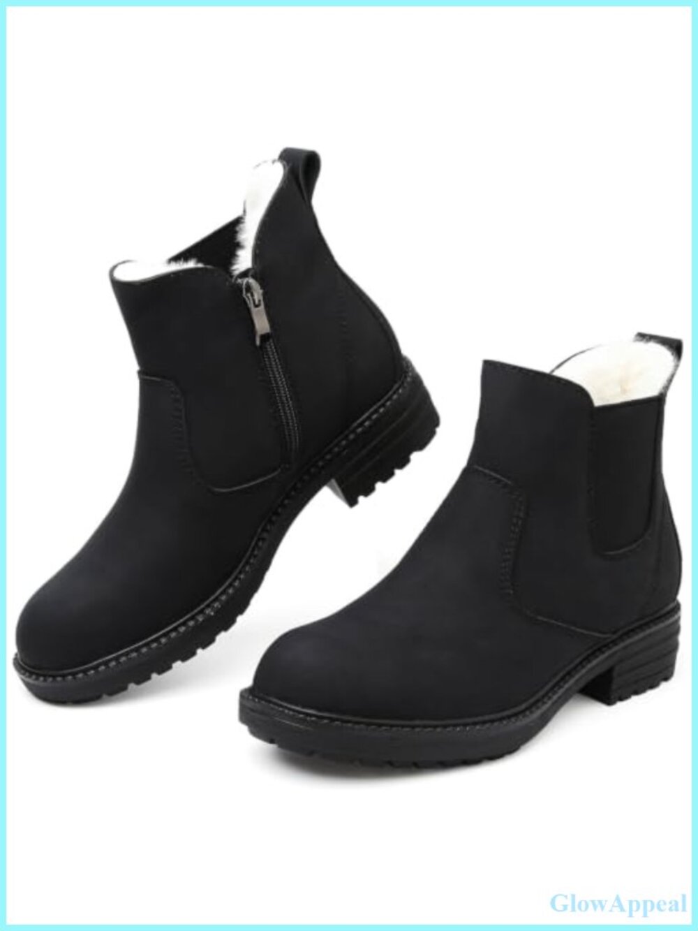 Faux Fur Lined Chelsea Ankle Boots Side Zip Round Toe Low Heel